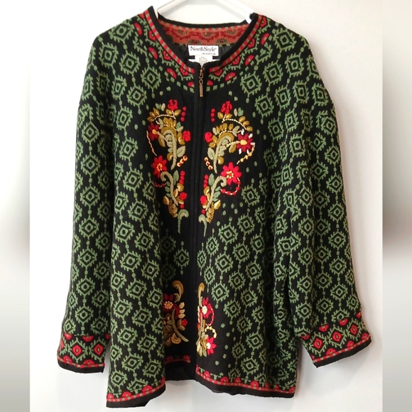 Northstyle Wool Blend Zip Up Red & Green  Embroidered Sweater Women's Size 3X - Picture 1 of 9